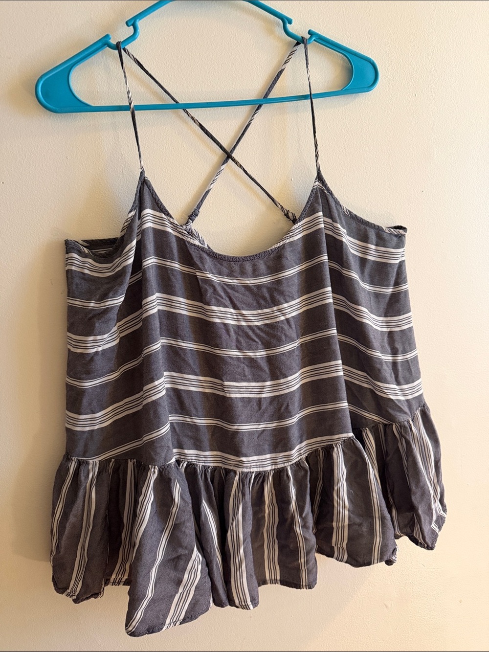 Old Navy Gray & White Striped Crossback Ruffle-Hem Cami